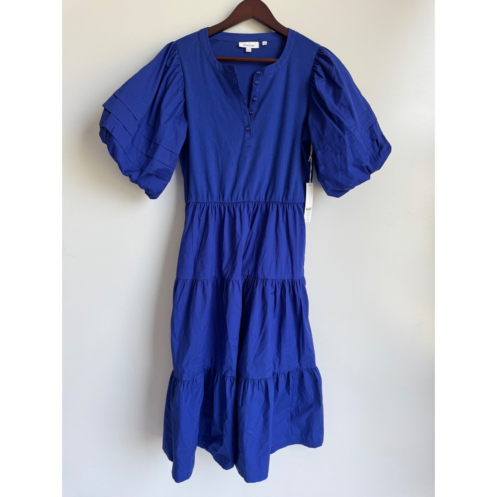 Chicos Blue Grotto Henley Tiered Midi Dress Puff Sleeve Cottagecore milkmaid med